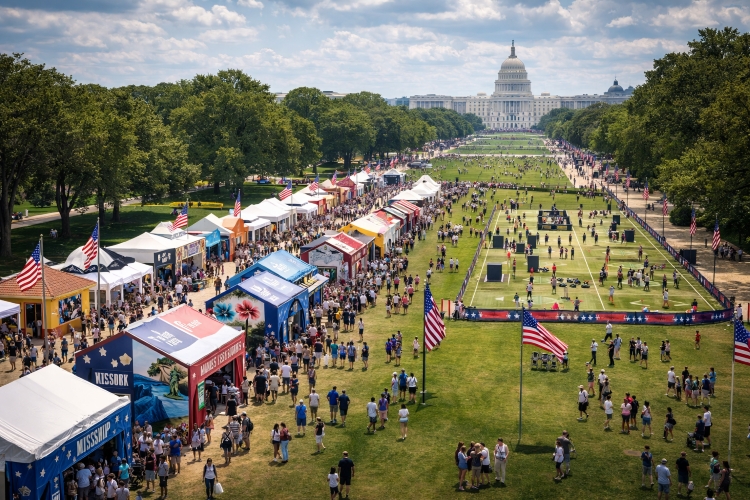 Crowds visiting state pavilions at the Great American State Fair on the National Mall during America 250 celebrations in Washington DC