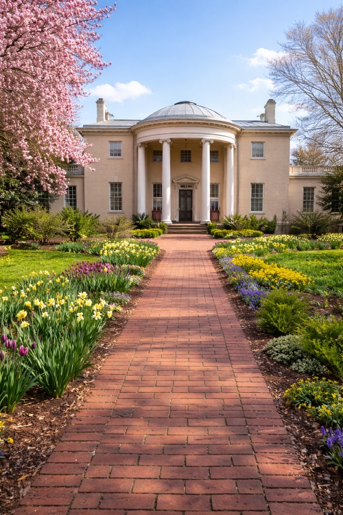 Historic Tudor Place mansion in Washington DC during the America 250 celebration featuring early spring gardens and Federal-style architecture