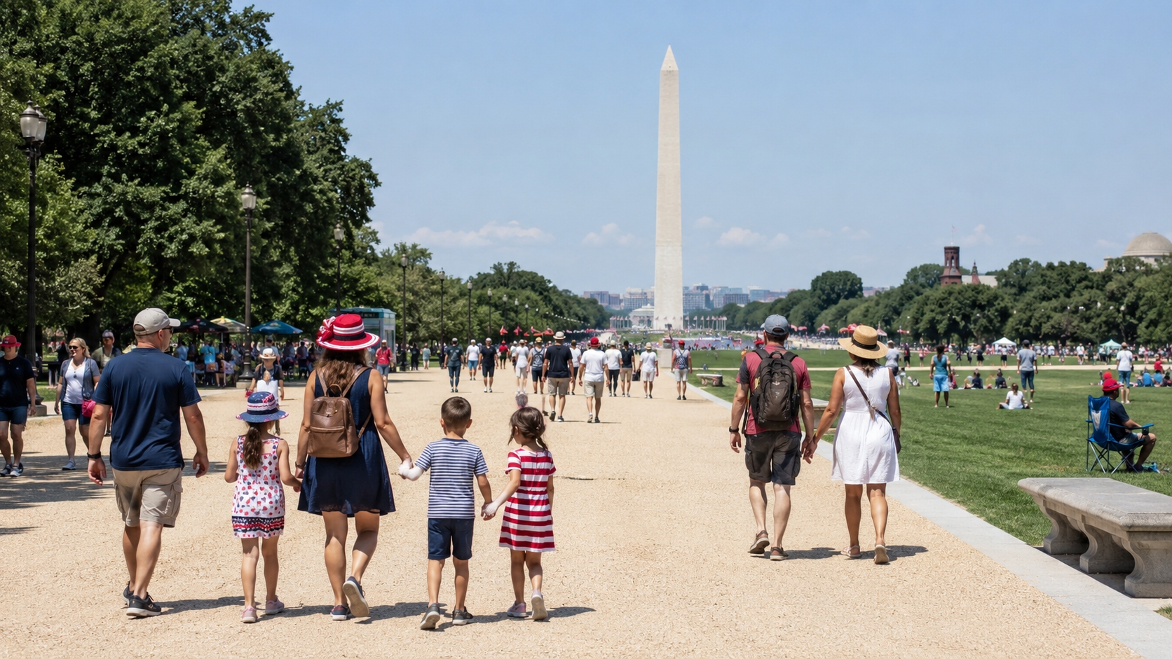 Families walking on the National Mall in Washington DC during America250 celebrations with the Washington Monument in the background