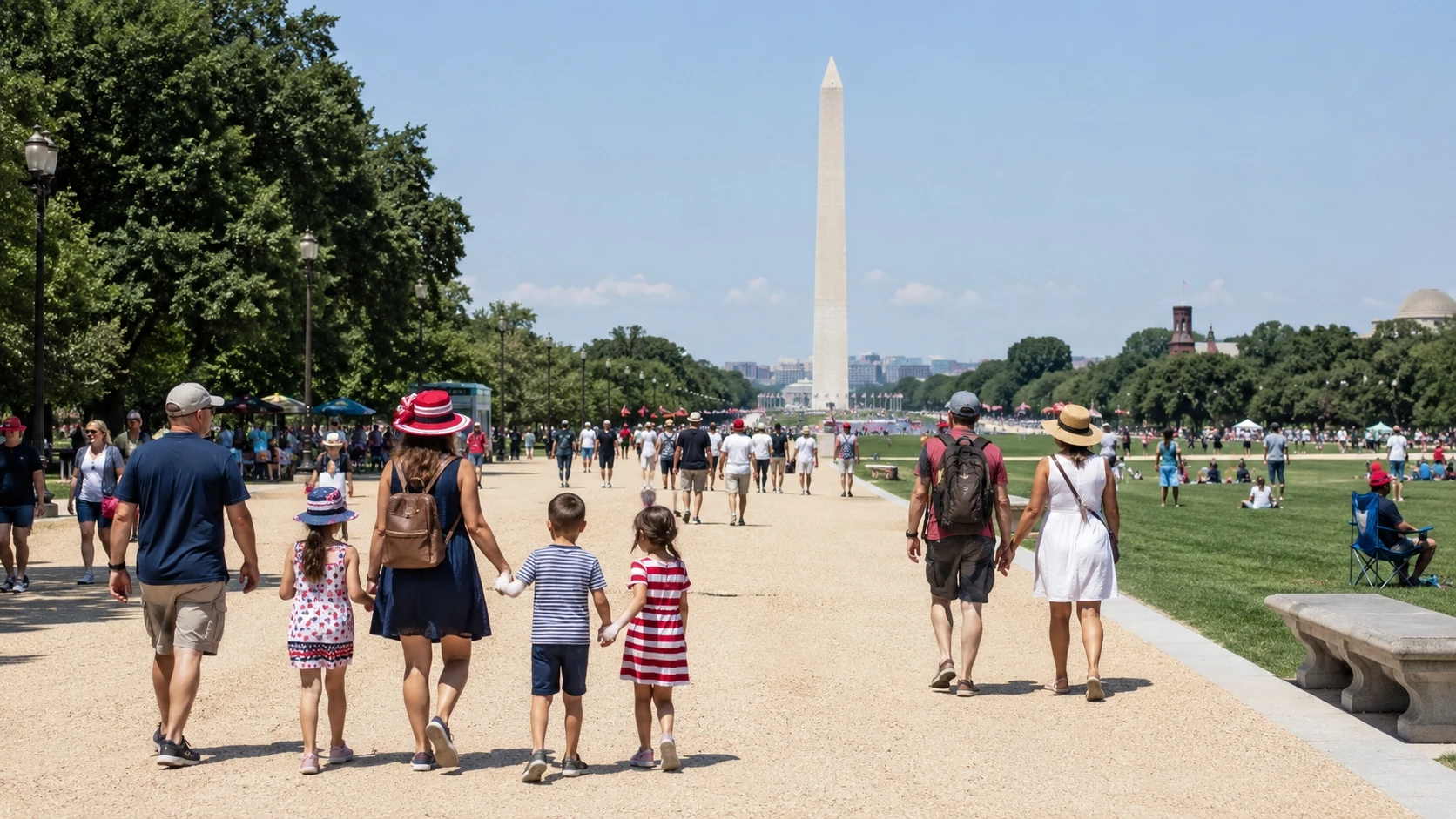 Families walking on the National Mall in Washington DC during America250 celebrations with the Washington Monument in the background