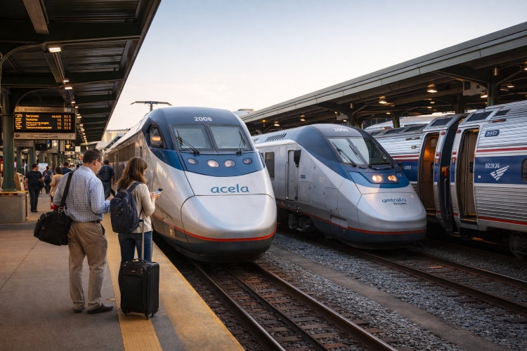 Acela and Northeast Regional trains at Washington Union Station platform illustrating travel time and fare differences to Washington DC