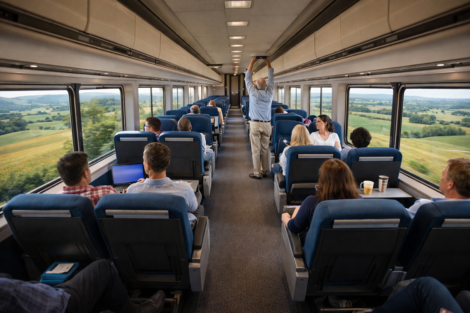 Spacious Amtrak coach interior with wide aisles and large windows showing scenic countryside views on a train to Washington DC