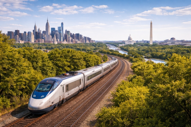 Amtrak train traveling the Northeast Corridor connecting New York City Philadelphia and Washington DC.