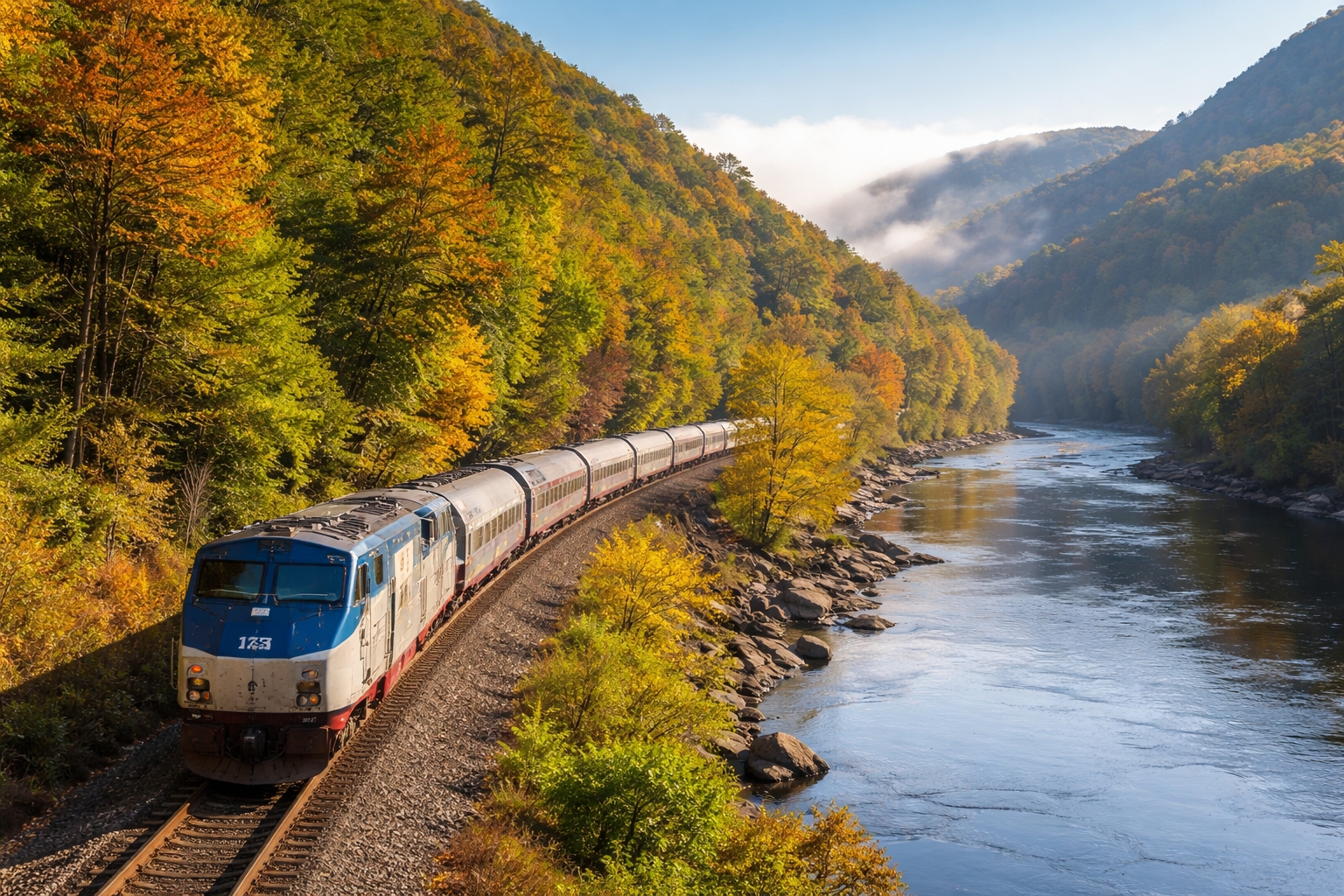 Amtrak train arriving at Washington Union Station in Washington DC with passengers on the platform during daytime