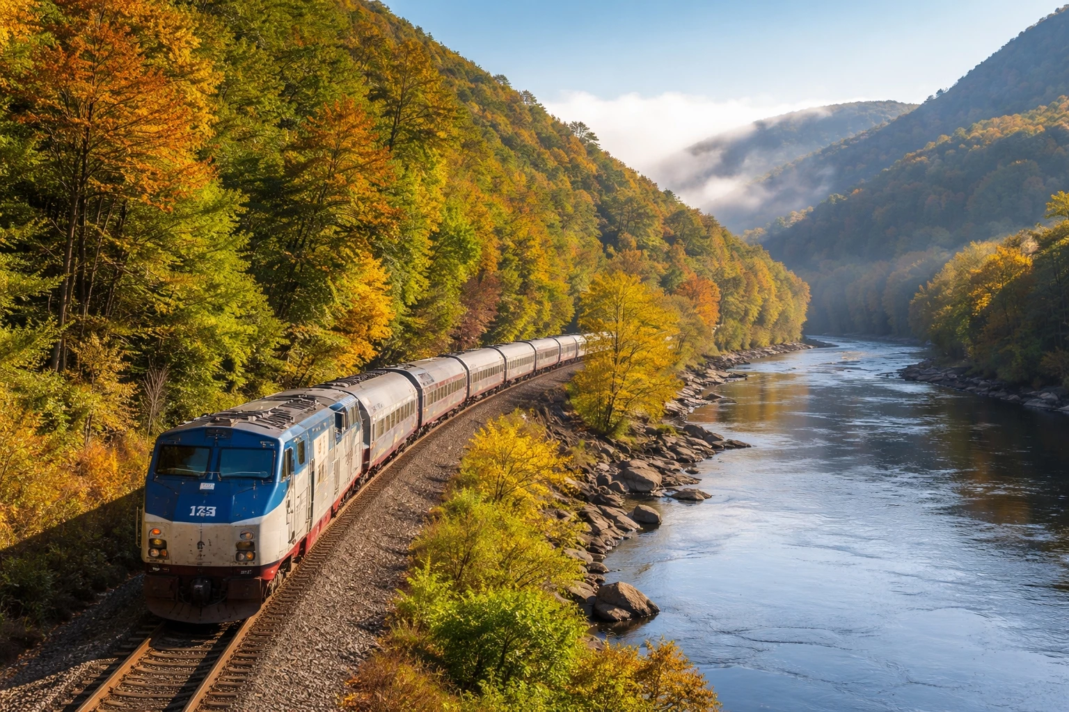 Amtrak train arriving at Washington Union Station in Washington DC with passengers on the platform during daytime