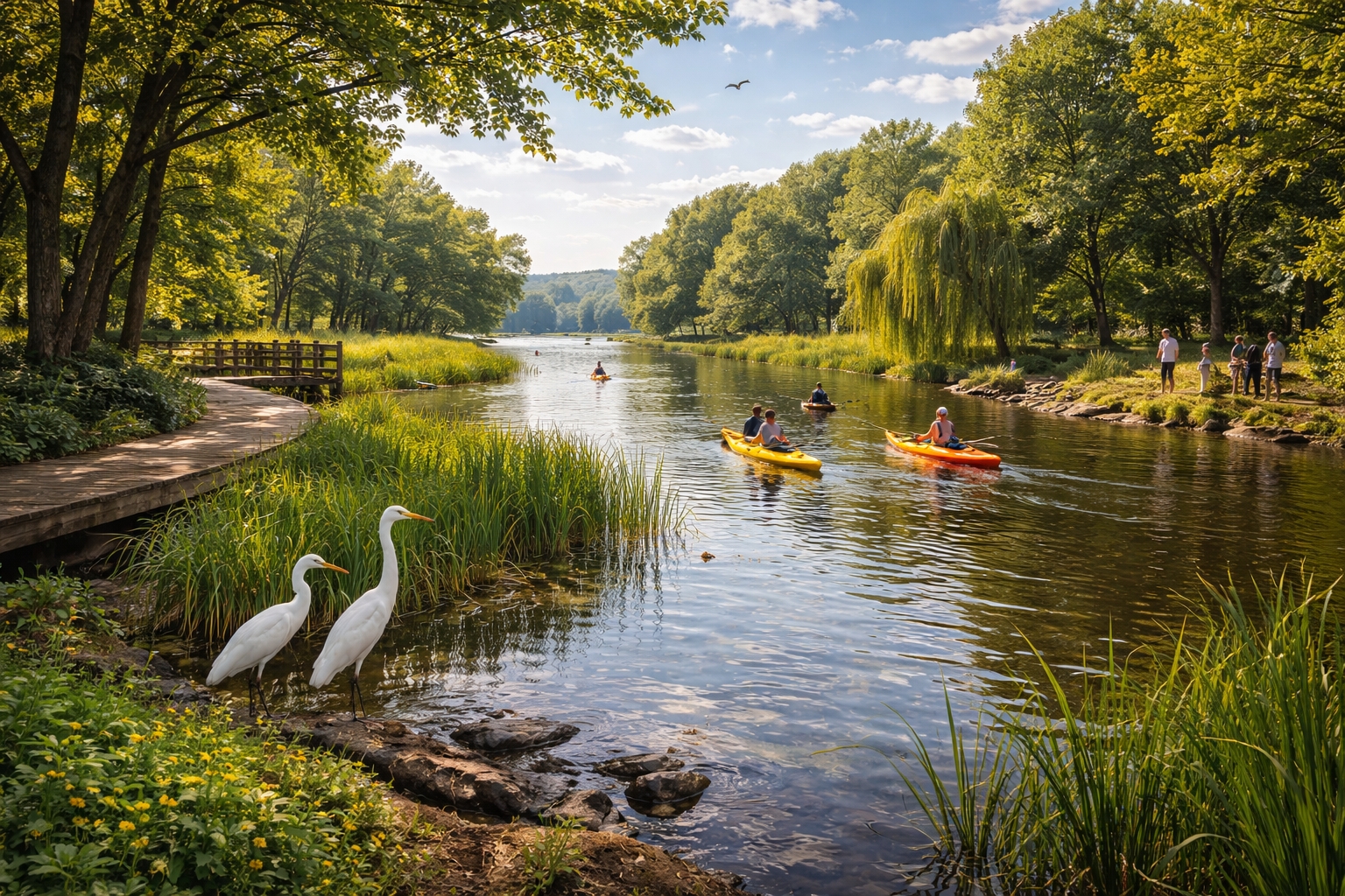 Kayakers on the Anacostia River near Kingman Island with wetlands, forest trails and bird-watching in Southeast Washington DC.