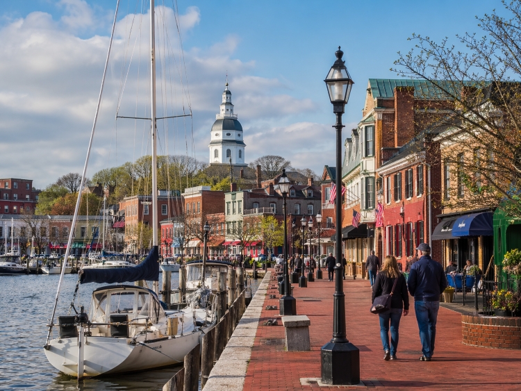 Historic Annapolis harbor with sailboats and waterfront views during a day trip from Washington DC