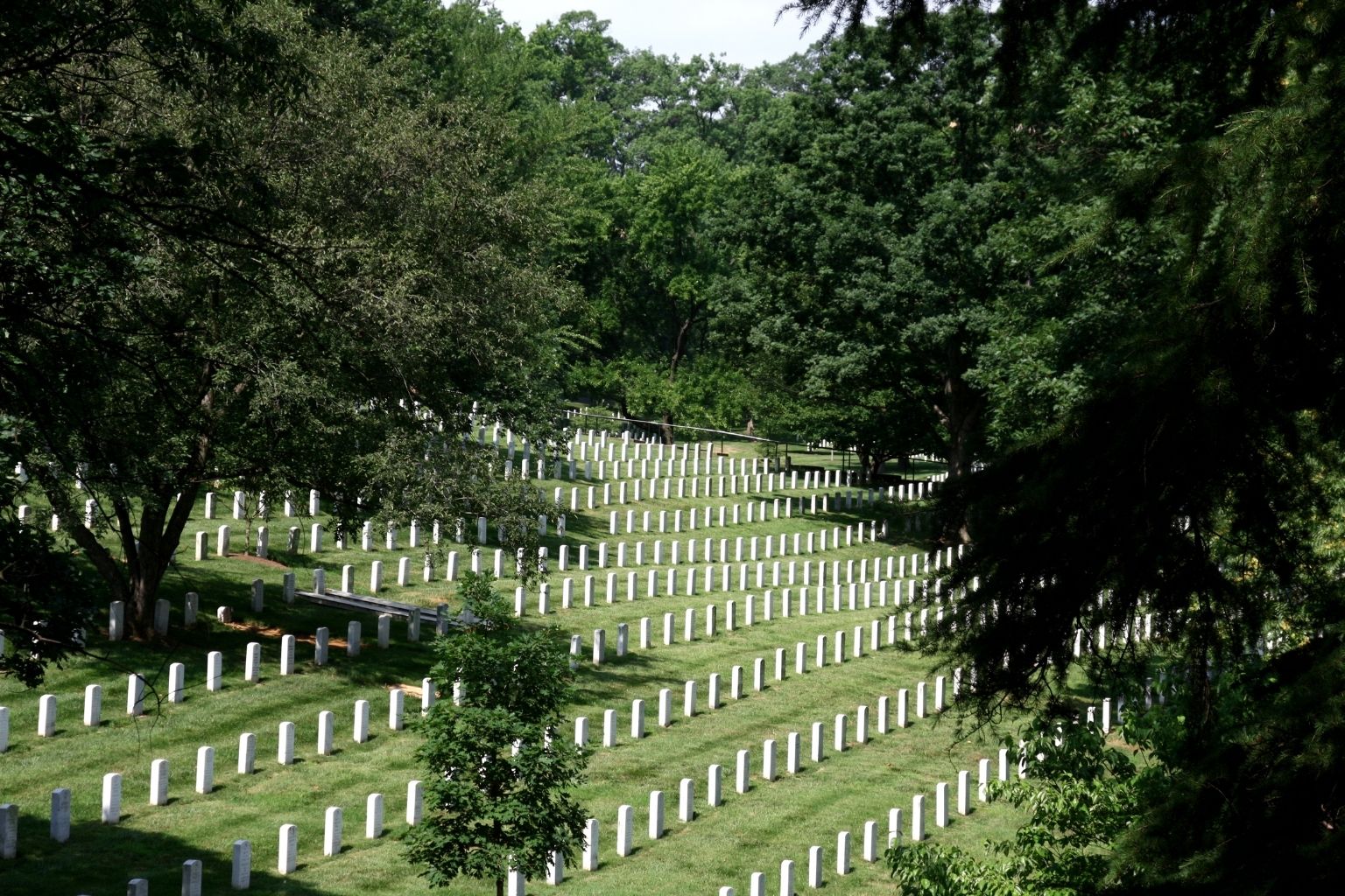 a cemetery with many white tombstones
