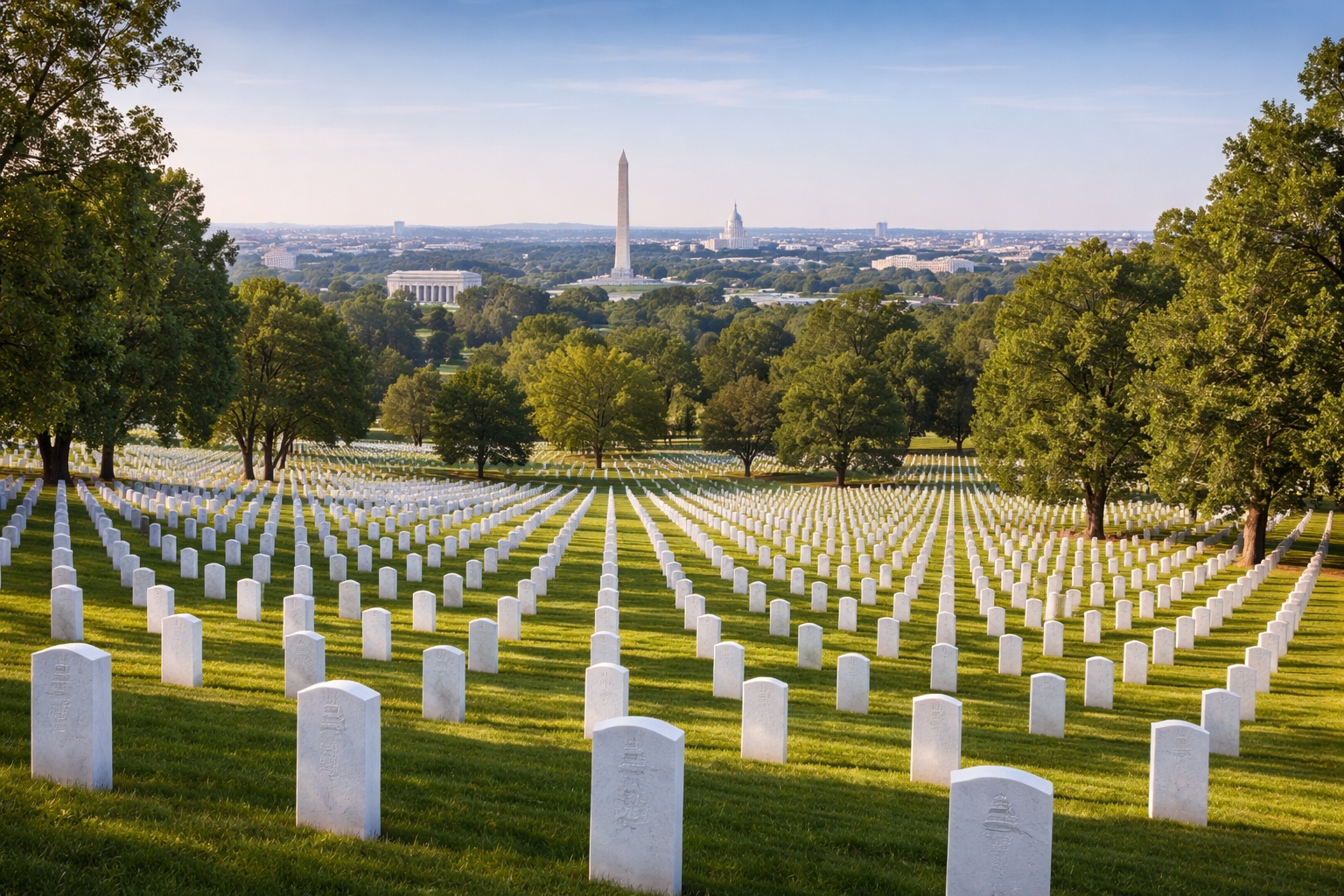 Arlington National Cemetery rows of white headstones overlooking Washington DC skyline representing American military history and sacrifice