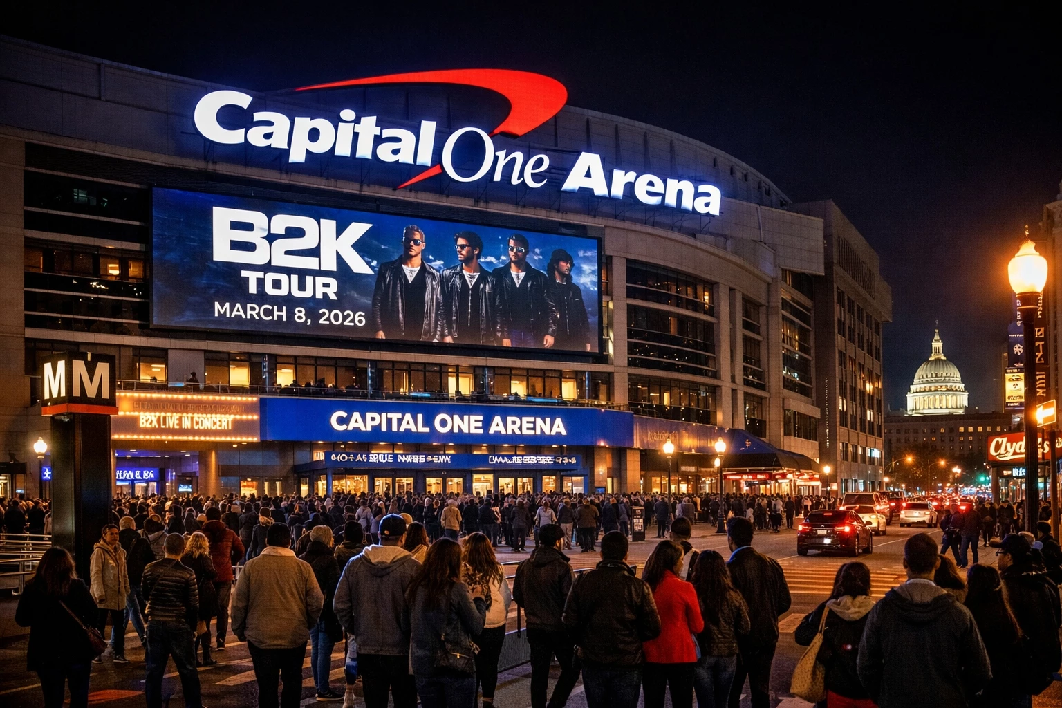 Capital One Arena in downtown Washington DC at night before the B2K Tour concert with fans arriving for the March 8 performance