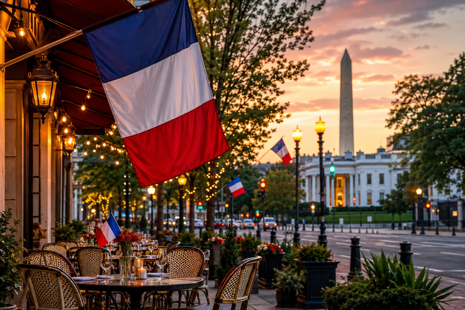 French tricolor flags and outdoor café tables in Washington DC for Bastille Day 2026 near the National Mall
