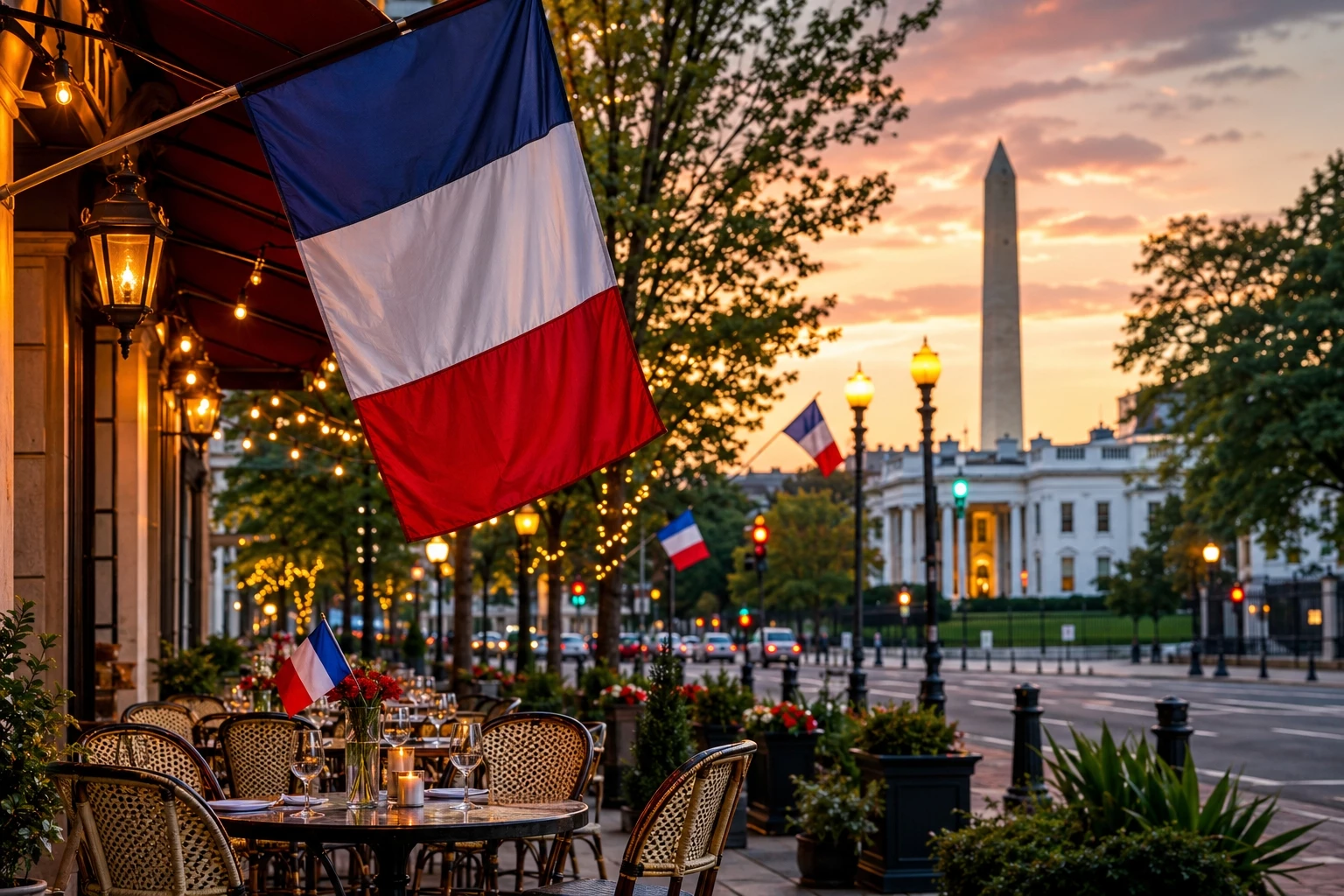 French tricolor flags and outdoor café tables in Washington DC for Bastille Day 2026 near the National Mall