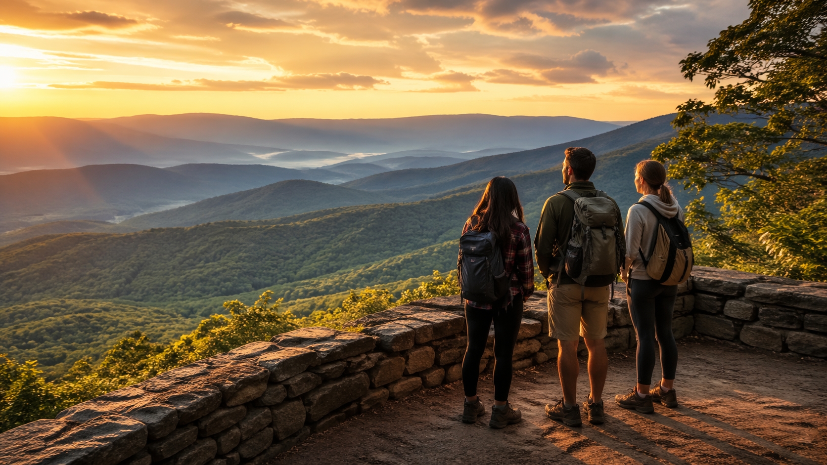 Travelers enjoying a scenic mountain overlook in the Blue Ridge Mountains on one of the best day trips from Washington DC