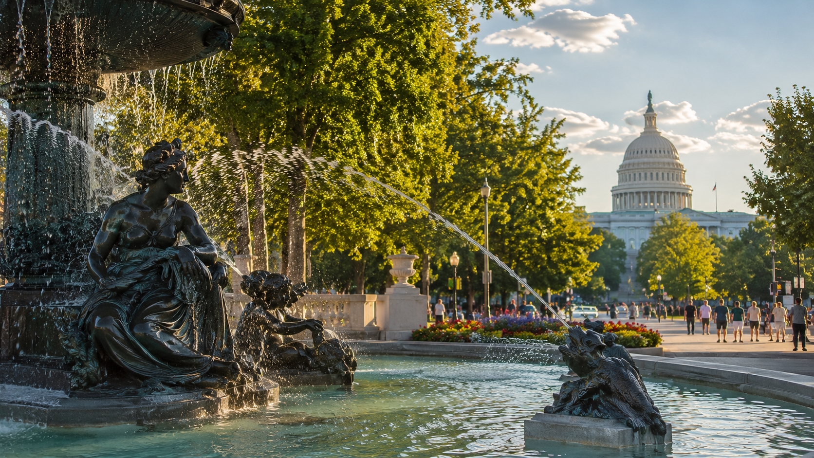 Historic fountain in Washington DC with flowing water, summer greenery, and nearby landmarks for a guide to the best fountains in Washington DC