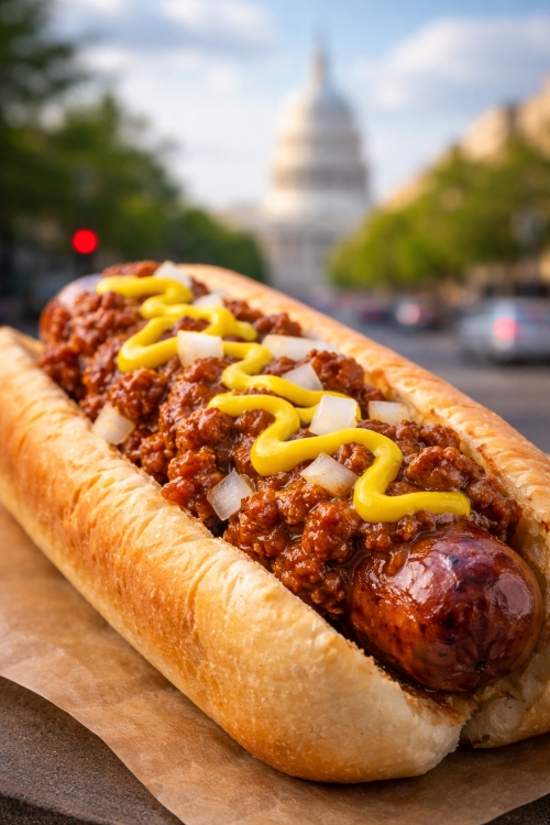 Half-smoke sausage in Washington DC topped with chili, onions, and mustard on a grilled bun