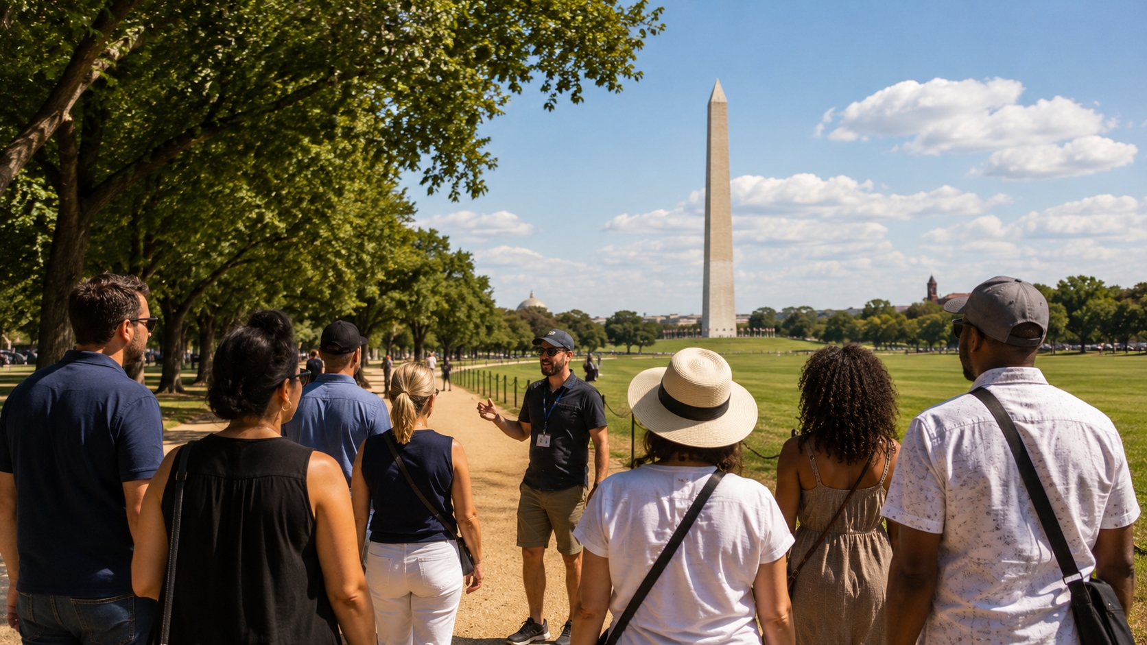 Guided historic tour on the National Mall in Washington DC with the Washington Monument in the background