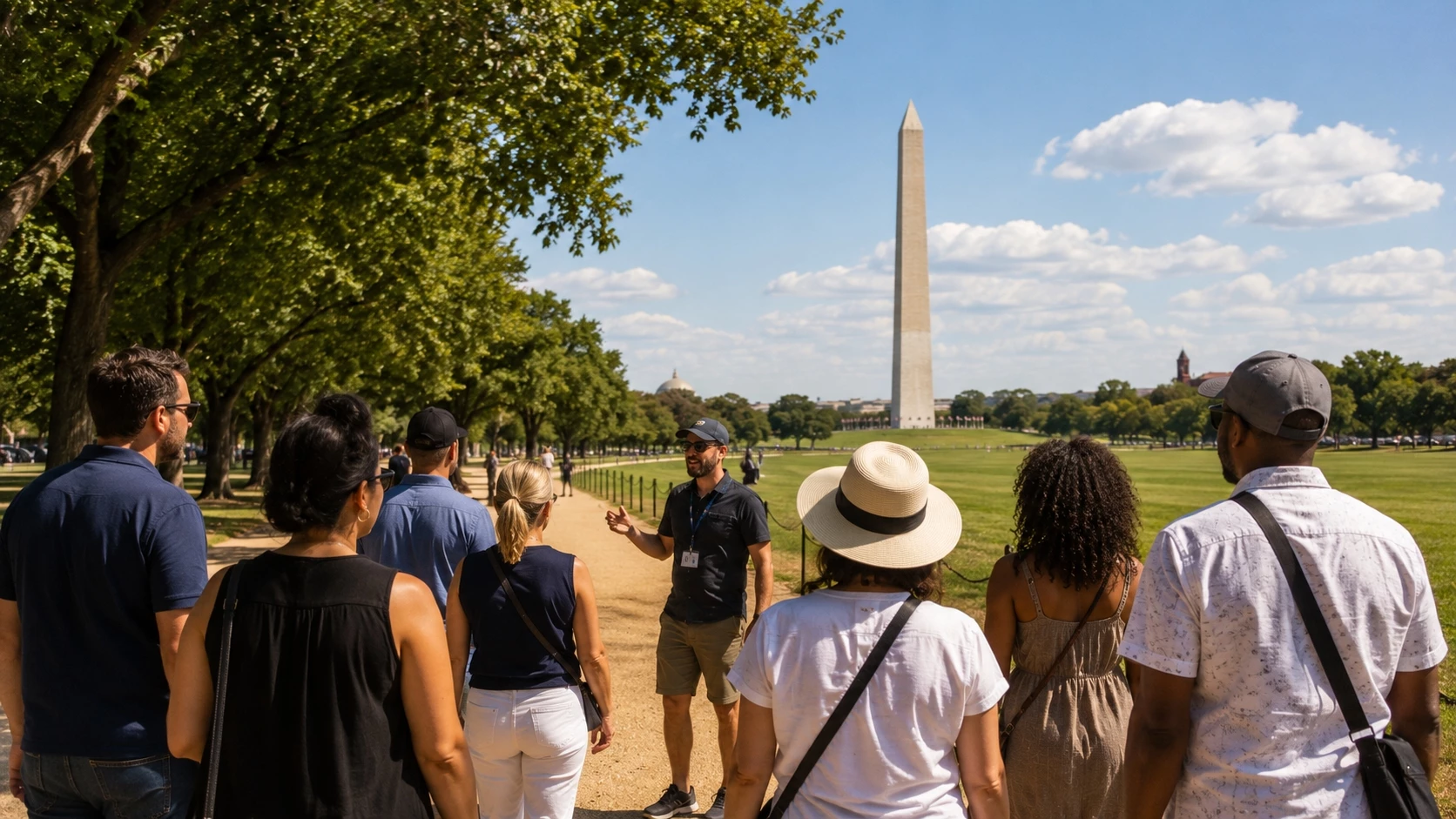 Guided historic tour on the National Mall in Washington DC with the Washington Monument in the background