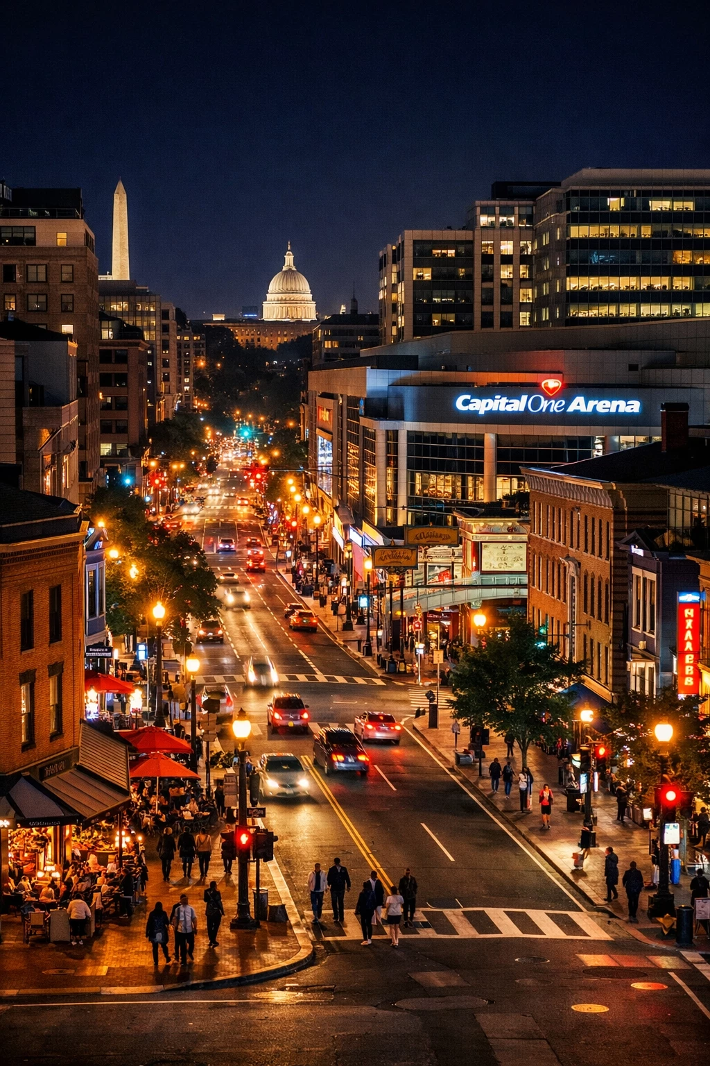 Downtown Washington DC at night near Capital One Arena with illuminated streets and city skyline, ideal location for concerts and central hotel stays