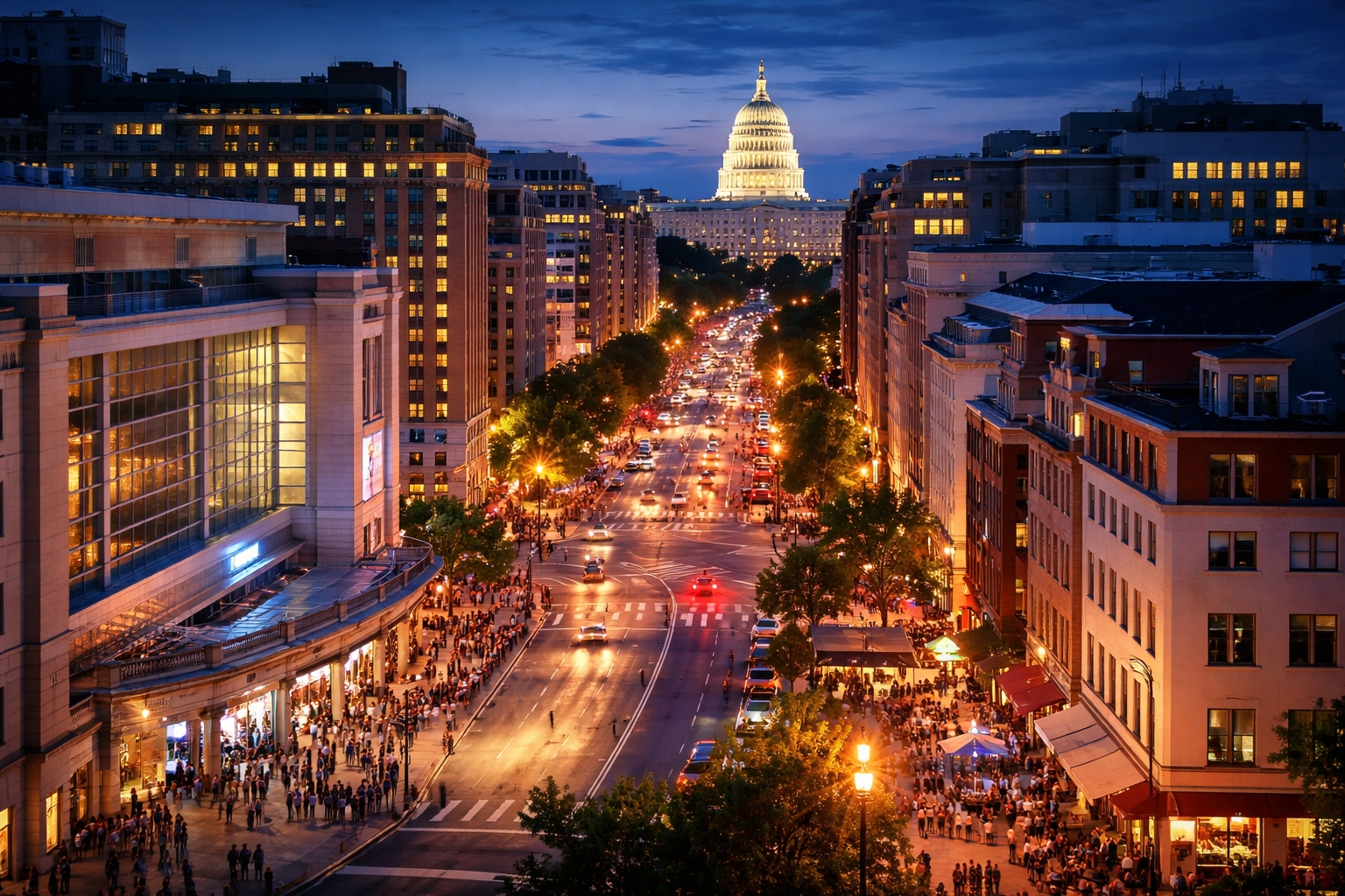 Downtown Washington DC skyline at night near Capital One Arena, ideal location for Washington Capitals game hotels with walkable access and Metro convenience