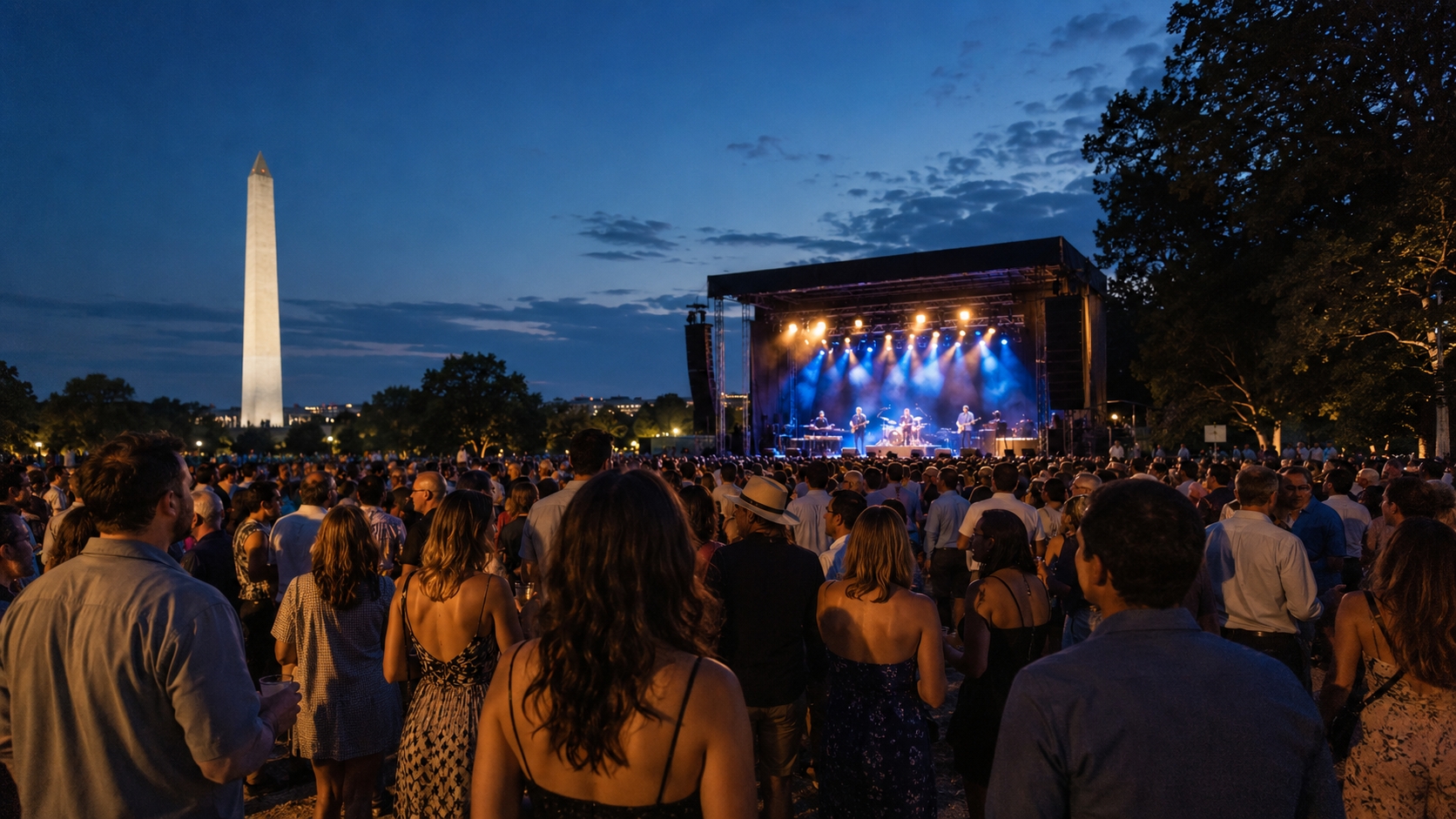 Concertgoers watching an outdoor live music performance in Washington DC at dusk, with the Washington Monument in the distance