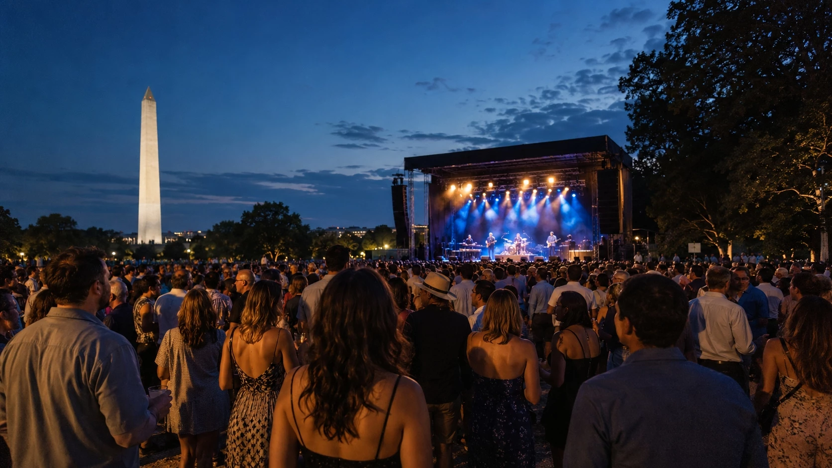 Concertgoers watching an outdoor live music performance in Washington DC at dusk, with the Washington Monument in the distance