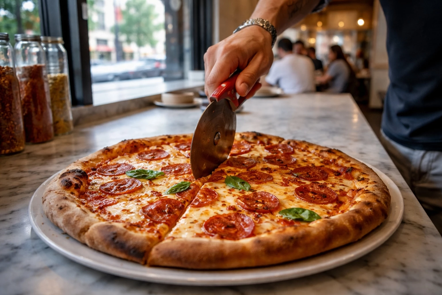 Freshly sliced pizza inside a downtown restaurant representing the best pizza in Washington DC