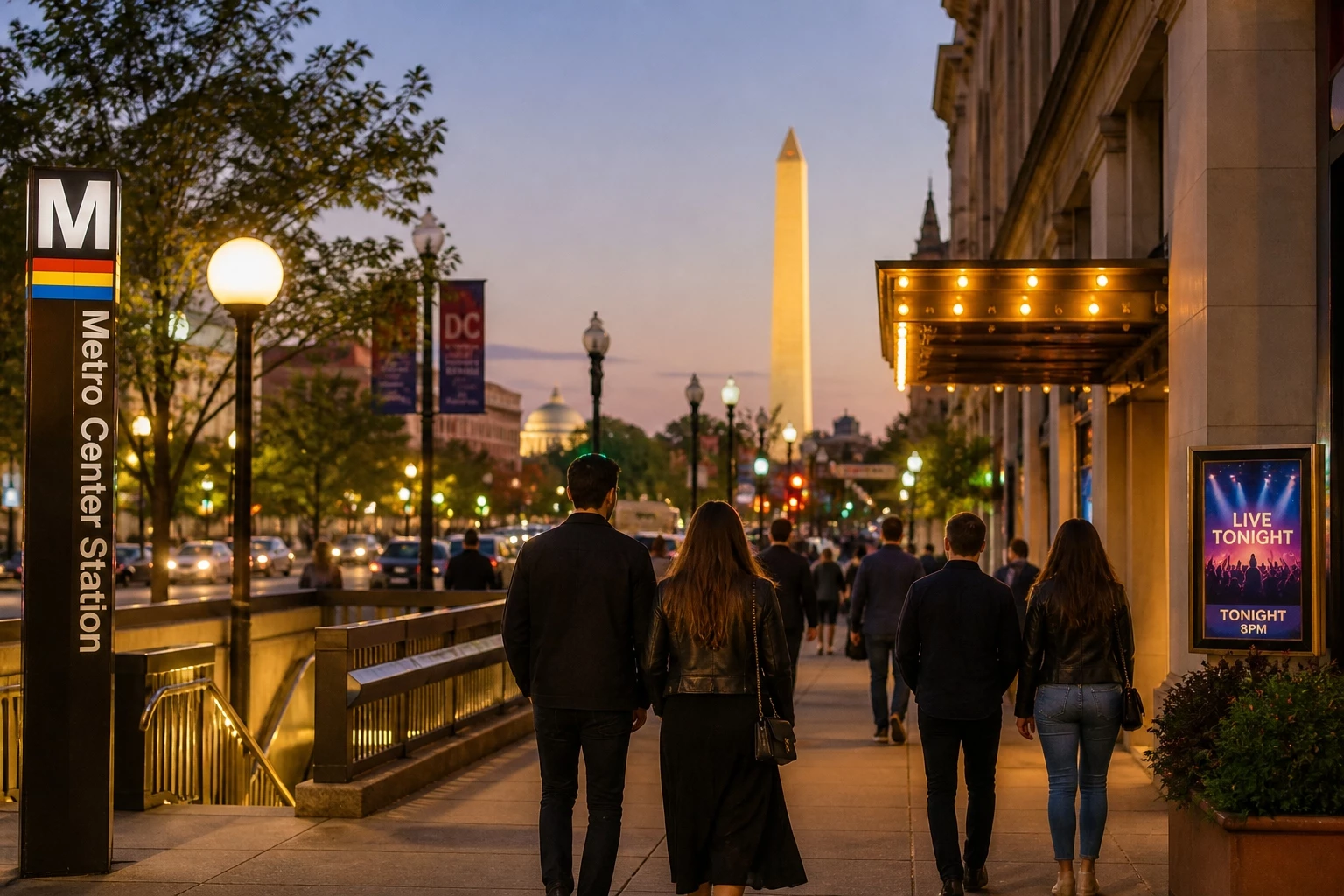 Concertgoers walking through downtown Washington DC near Metro access and landmark views, showing why Hotel Washington is the best place to stay for DC concerts