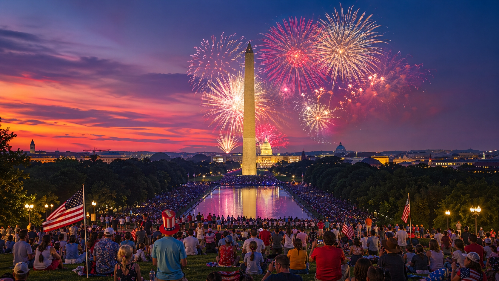 Crowds on the National Mall in Washington DC watching July 4 fireworks during America 250 near the best places to stay in Washington DC