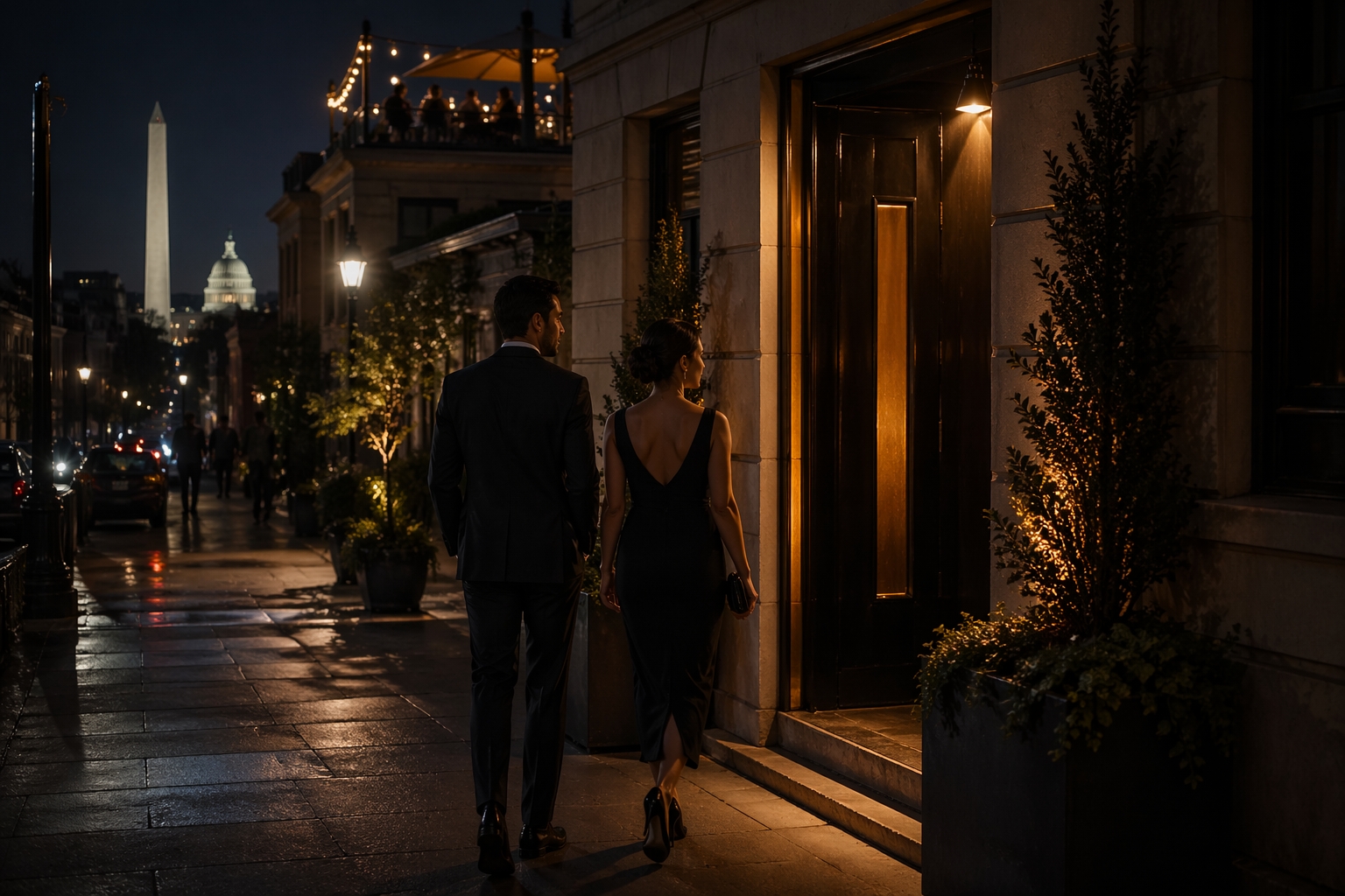 Couple entering a hidden cocktail bar in Washington DC at night, representing the best speakeasies in DC and upscale bars near the White House