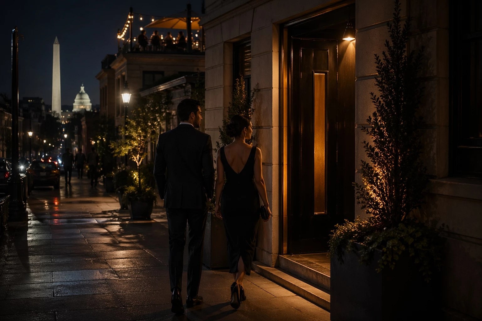 Couple entering a hidden cocktail bar in Washington DC at night, representing the best speakeasies in DC and upscale bars near the White House