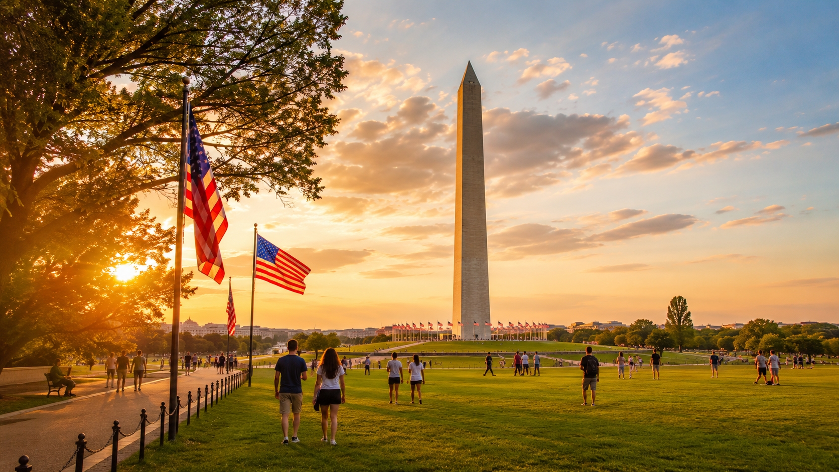 Visitors on the National Mall near the Washington Monument during summer events in Washington DC in July.