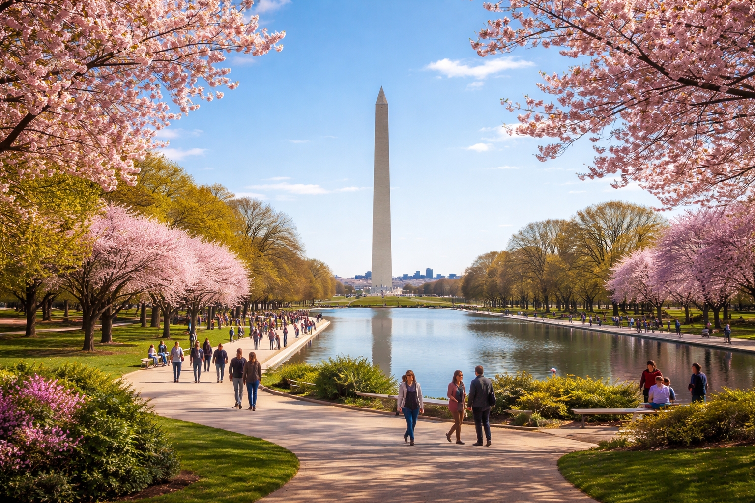National Mall in Washington DC with the Washington Monument during mild spring weather, illustrating the best time to visit Washington DC for sightseeing