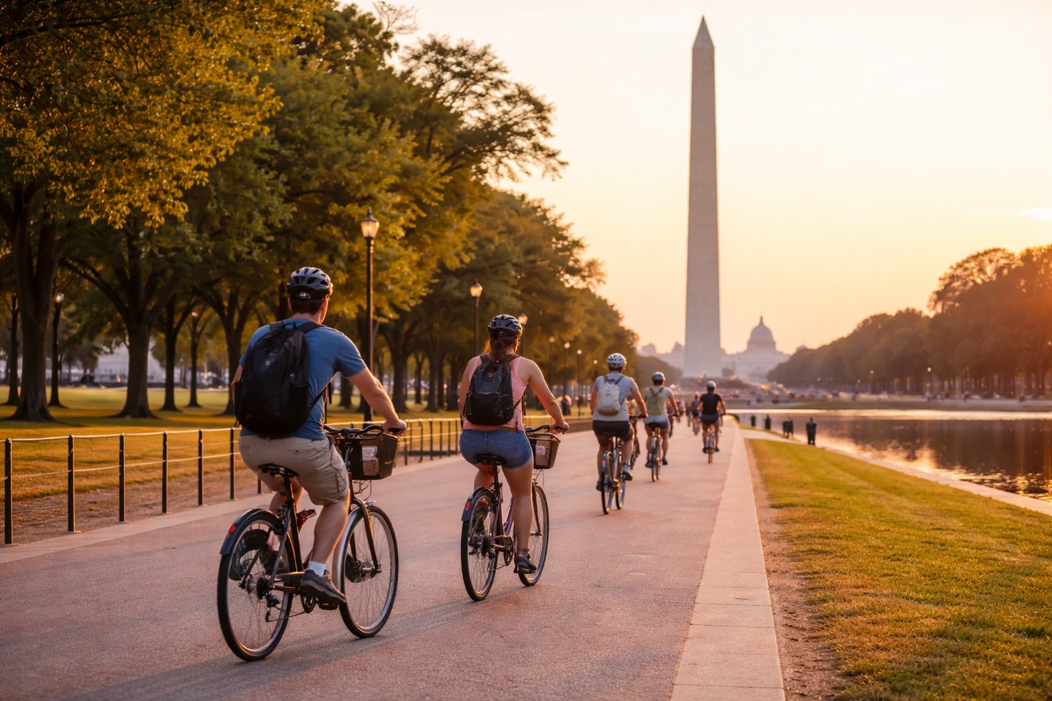 Cyclists riding rental bikes along the National Mall in Washington DC with the Washington Monument in the background near the White House and Hotel Washington.