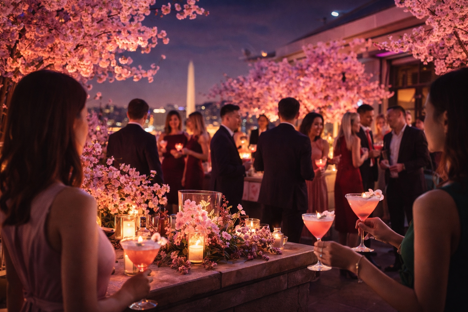 Guests enjoying cherry blossom themed cocktails at a spring event in Washington DC during cherry blossom festival nightlife