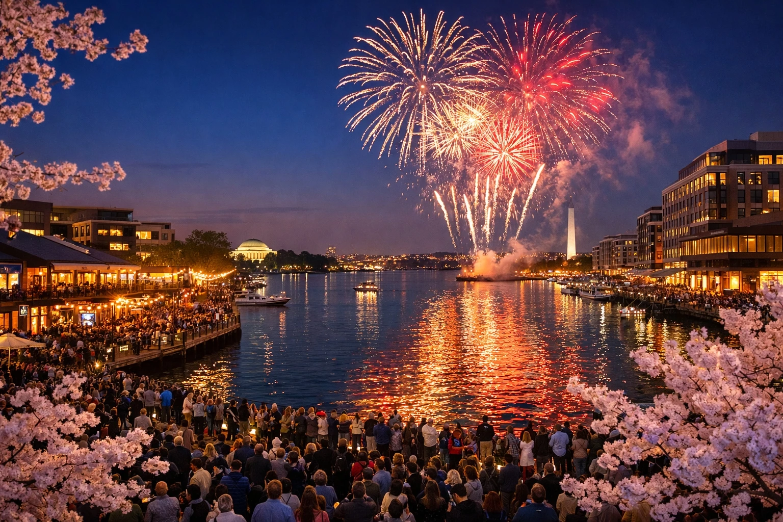 Crowds watching Bloomaroo 2026 fireworks at The Wharf in Washington DC during cherry blossom season along the waterfront
