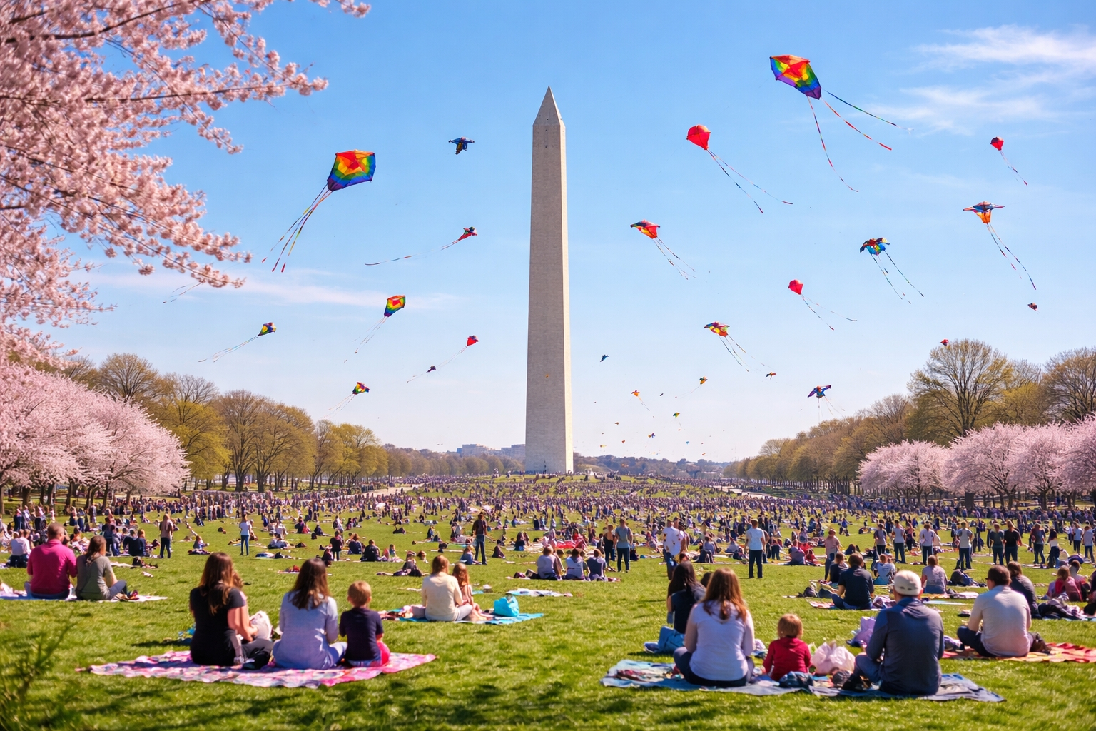 Colorful kites flying over the Washington Monument during the Blossom Kite Festival 2026 on the National Mall in Washington DC with cherry blossoms and families on the lawn