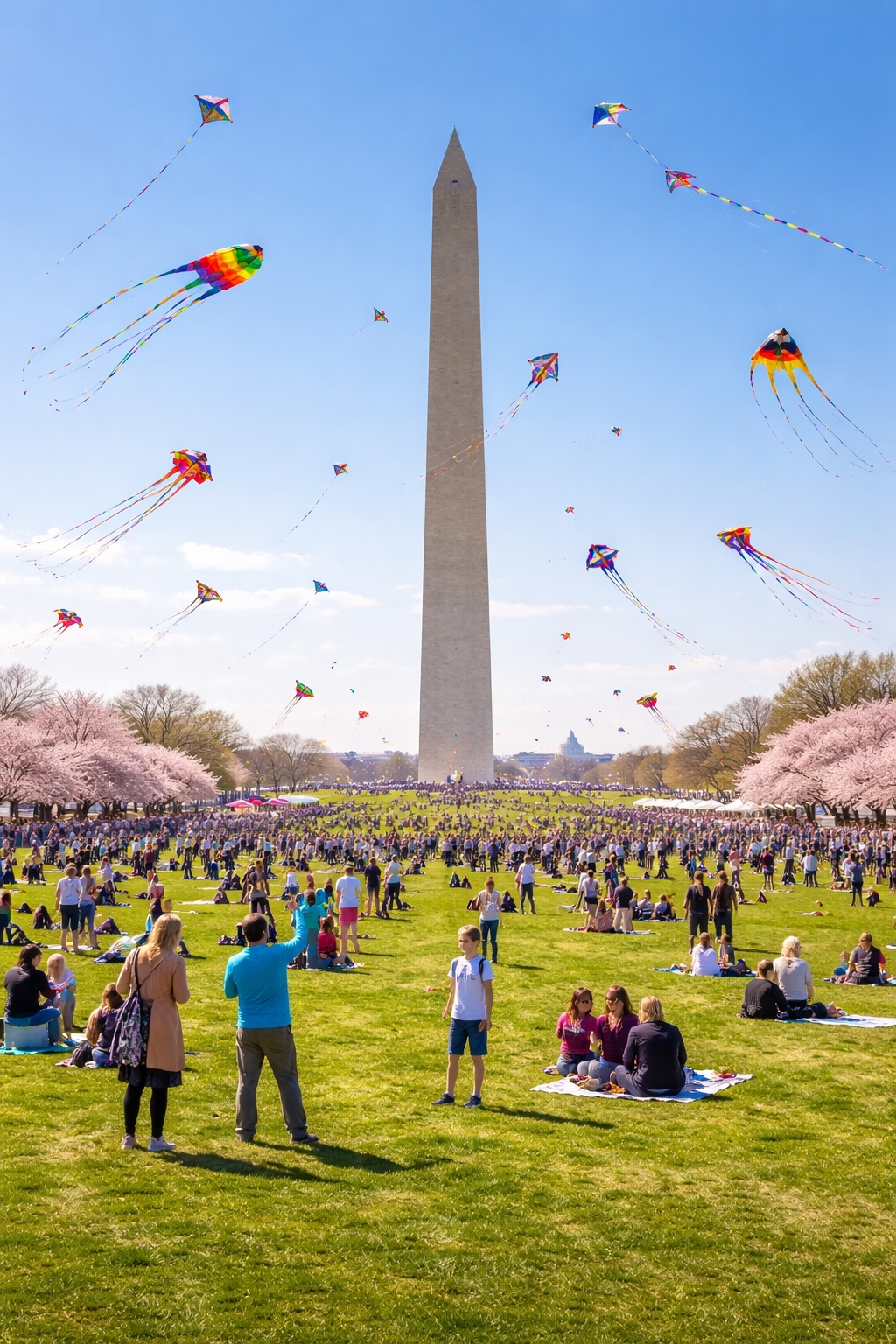 Colorful kites flying above families on the Washington Monument grounds during the Blossom Kite Festival in Washington DC in March 2026 with cherry blossoms nearby