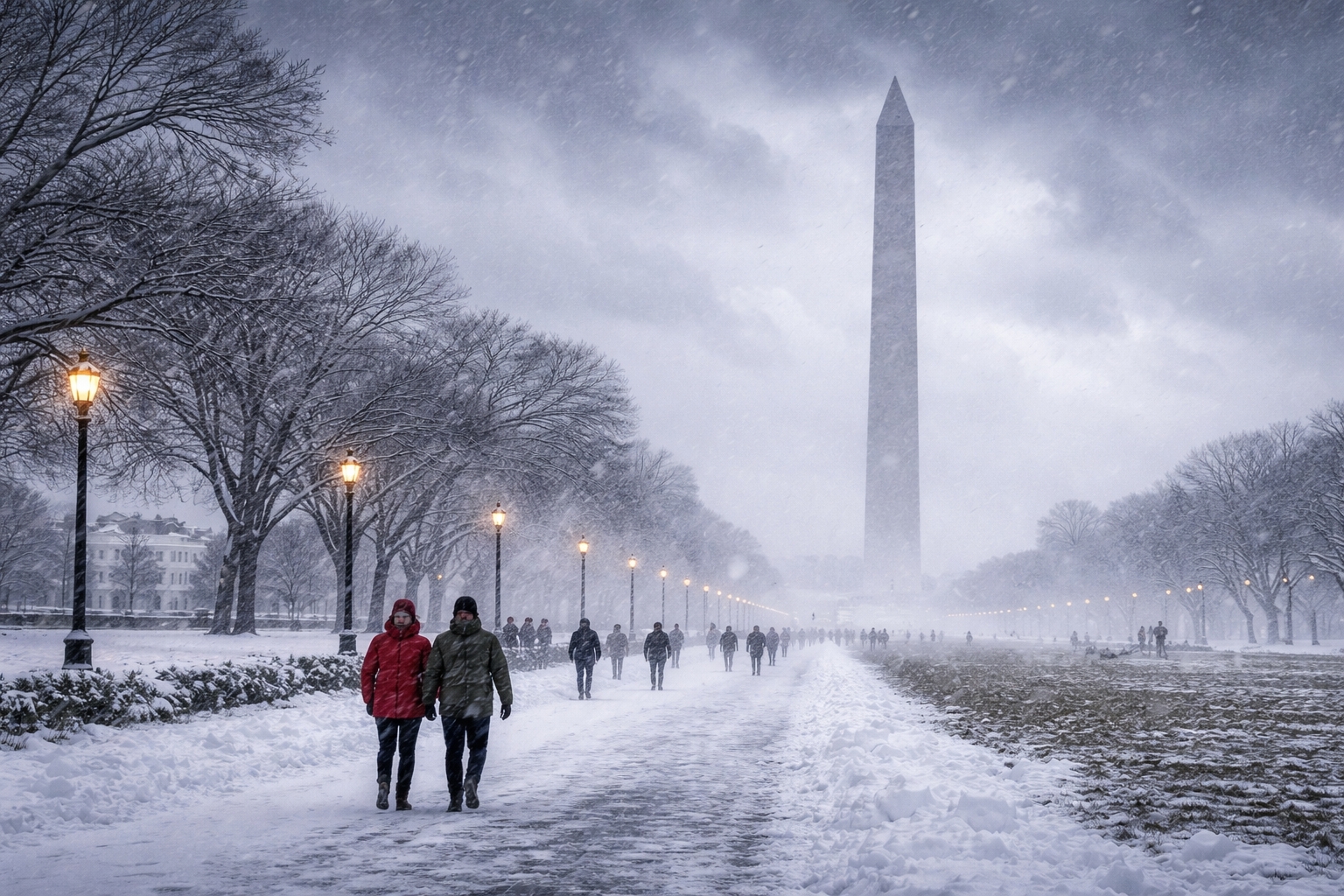 Bomb cyclone nor’easter bringing snow and wind to Washington DC near the National Mall and White House