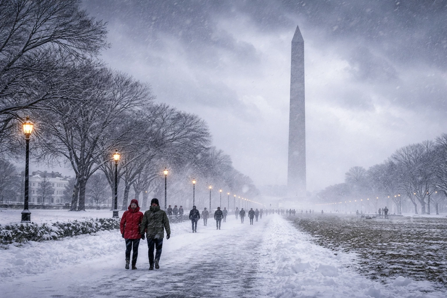 Bomb cyclone nor’easter bringing snow and wind to Washington DC near the National Mall and White House