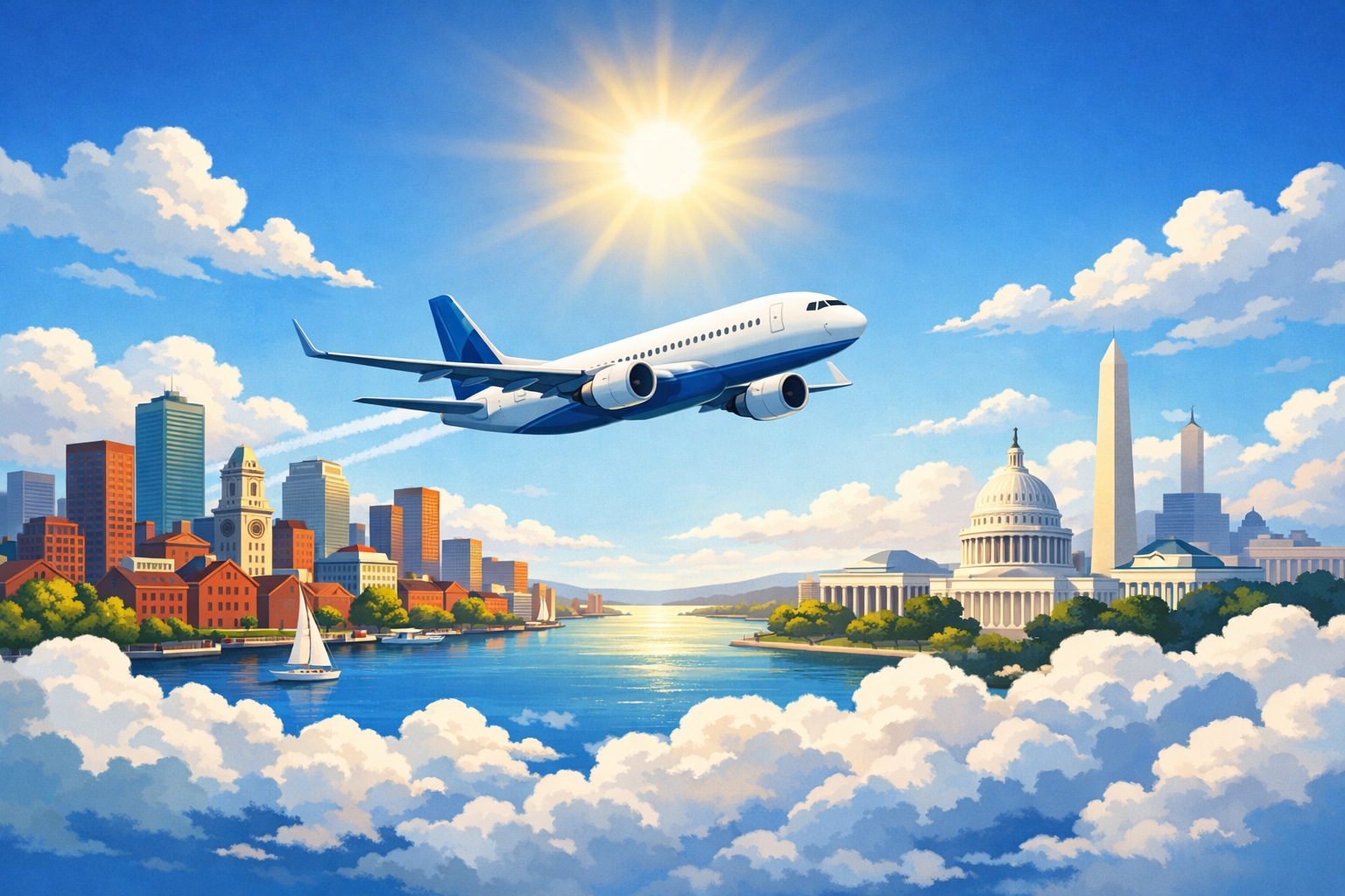 Illustration of an airplane flying between stylized skylines of Boston and Washington DC
