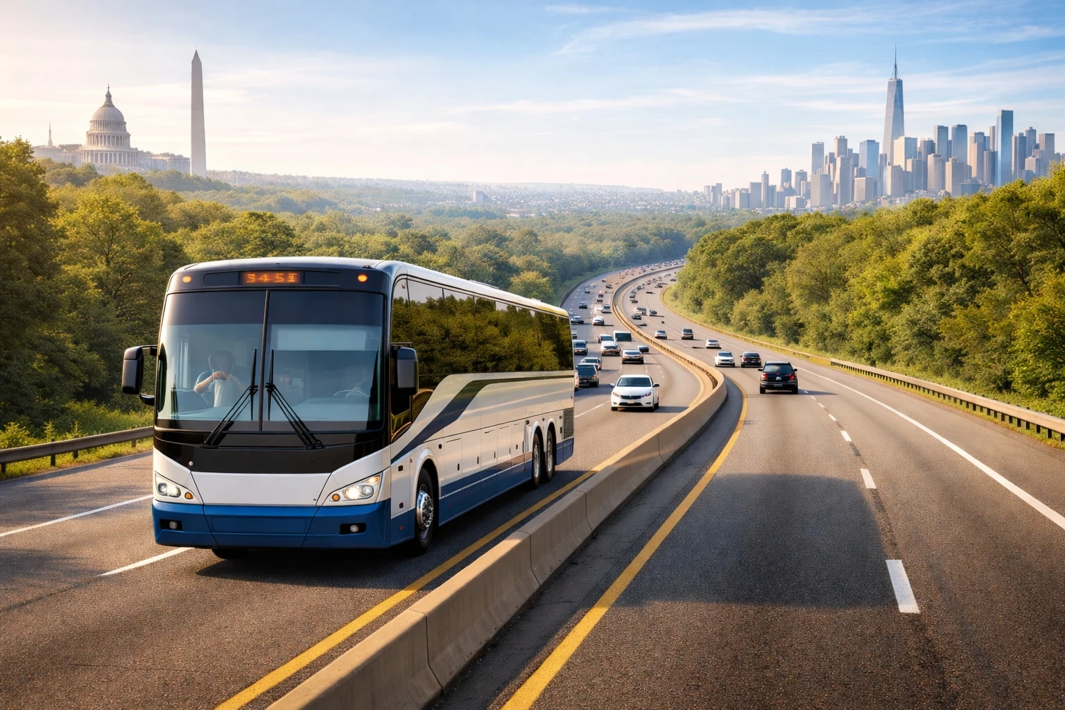 Intercity coach bus traveling from New York City to Washington DC along Interstate 95 highway corridor