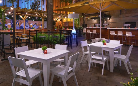tables and chairs outside a restaurant