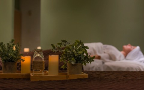 a candle and plant on a tray