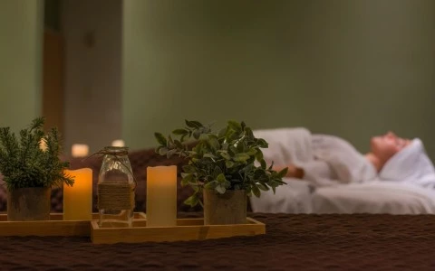 a candle and plant on a tray