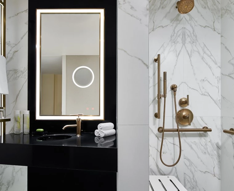 White and gray marble backsplash, black and gold aesthetic
