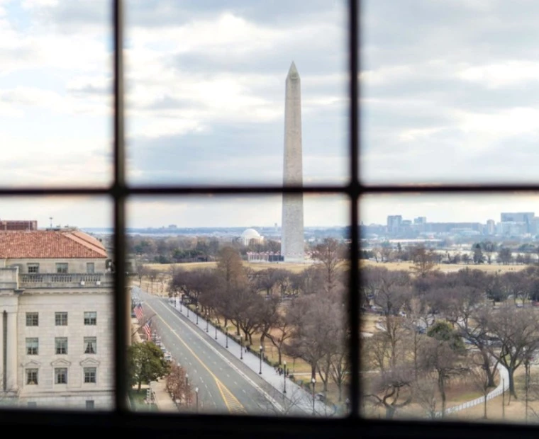 a view of a monument from a window