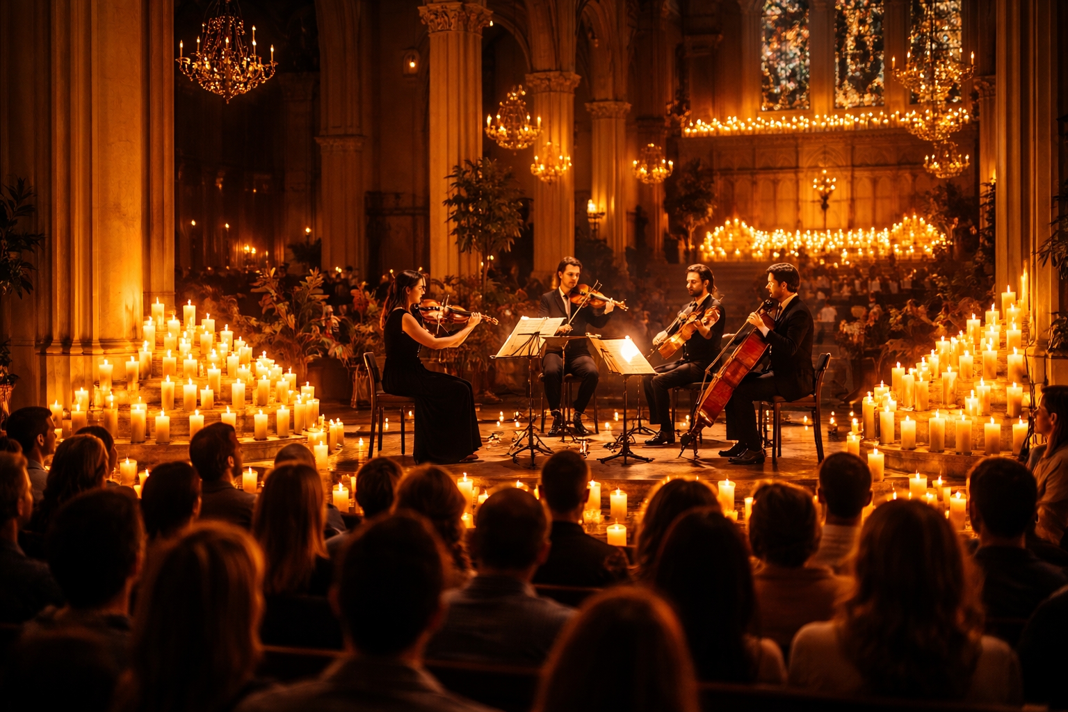 Candlelight classical concert in Washington DC with string quartet surrounded by candles representing spring performances