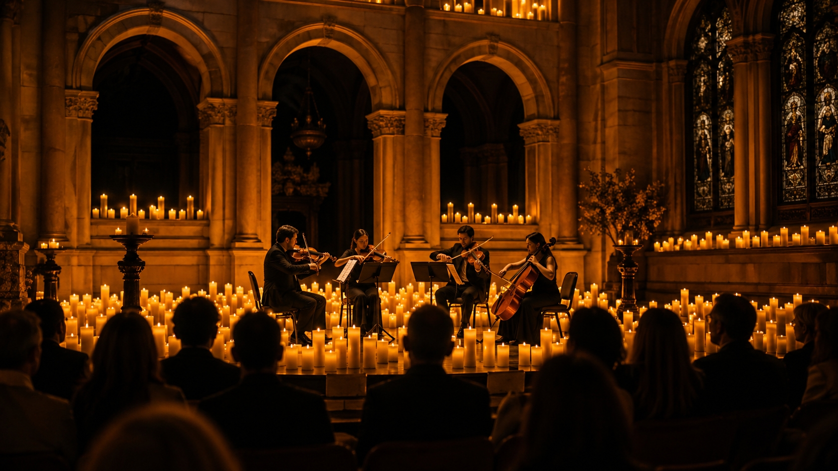 String quartet performing at a Candlelight concert in Washington DC surrounded by glowing candles inside an intimate historic venue.