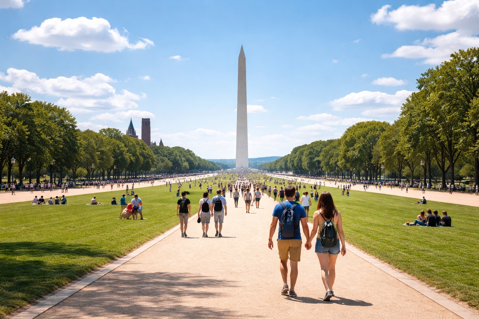 Visitors walking along the National Mall with the Washington Monument, representing cant miss activities in Washington DC
