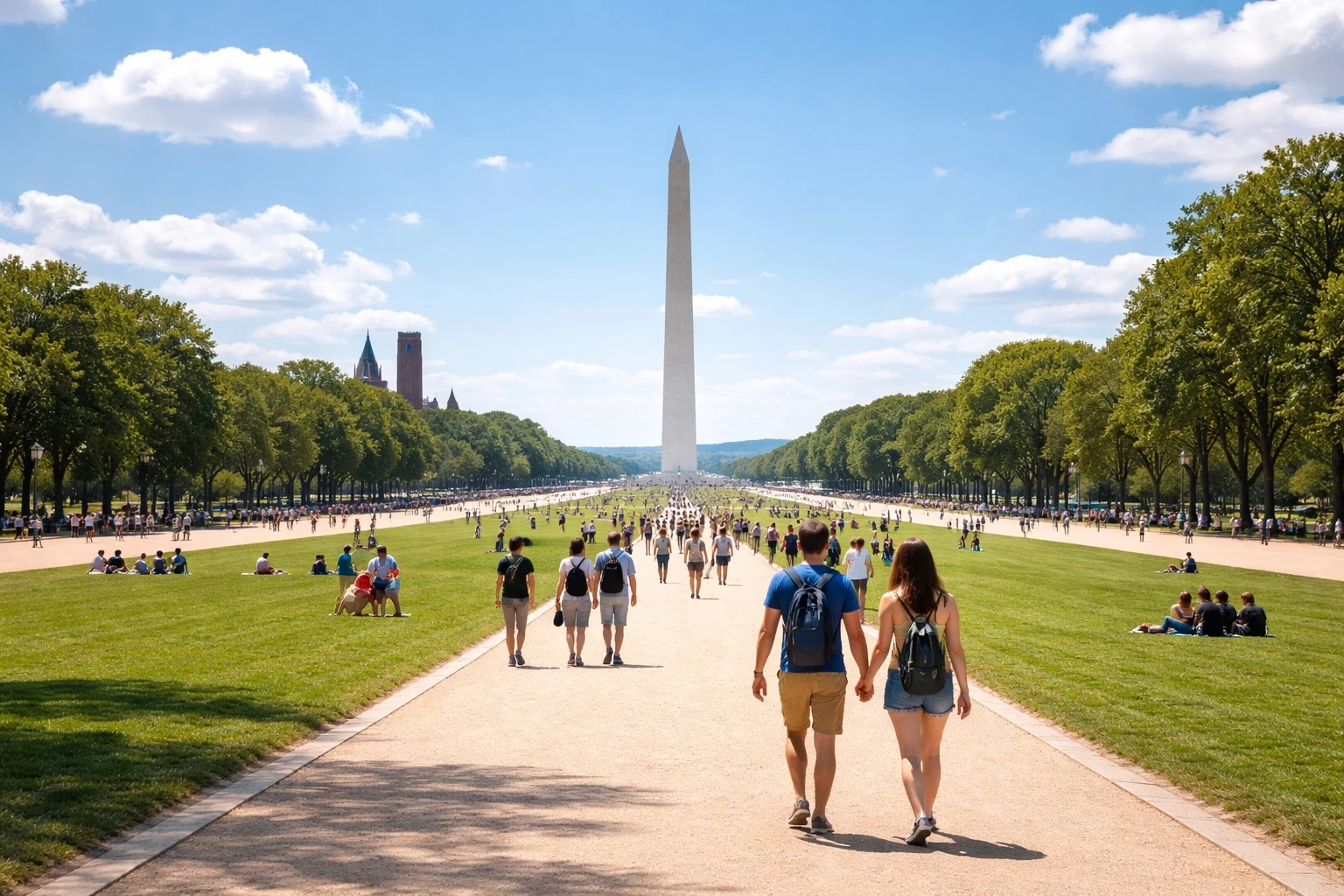 Visitors walking along the National Mall with the Washington Monument, representing cant miss activities in Washington DC